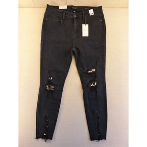 New Judy Blue Jeans 13/31 Skinny Black Distressed Leopard Cheetah Print W34"